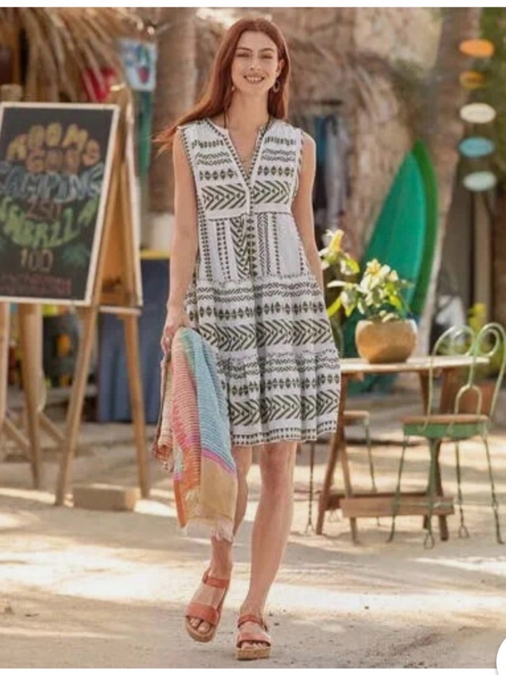 Sundance White and Olive Printed Sleeveless V‑Neck Mini Dress